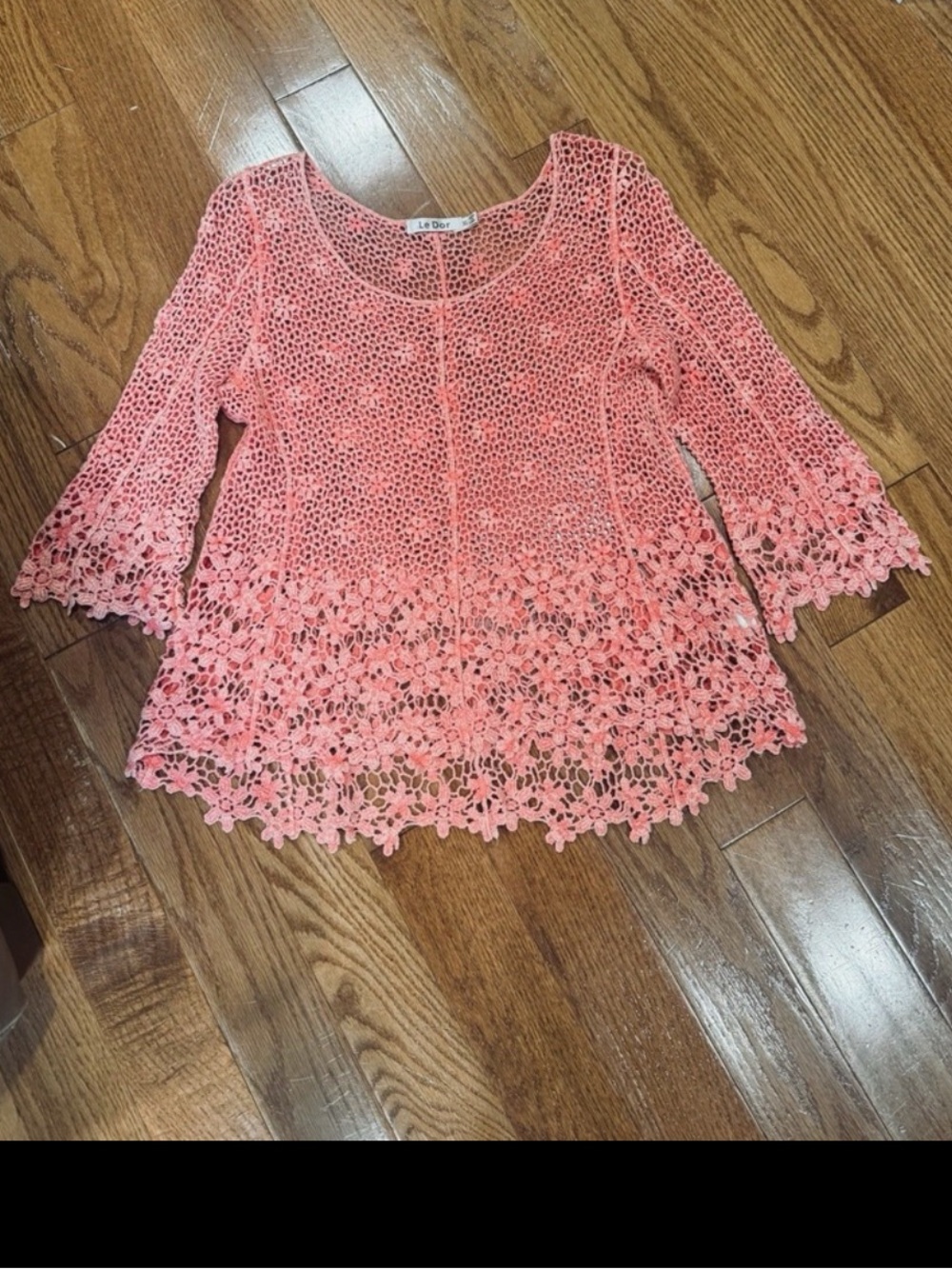 Le Bos Crochet Lace Top Coral Pink Boho Floral Bell Sleeve Blouse XL *Fits M/L